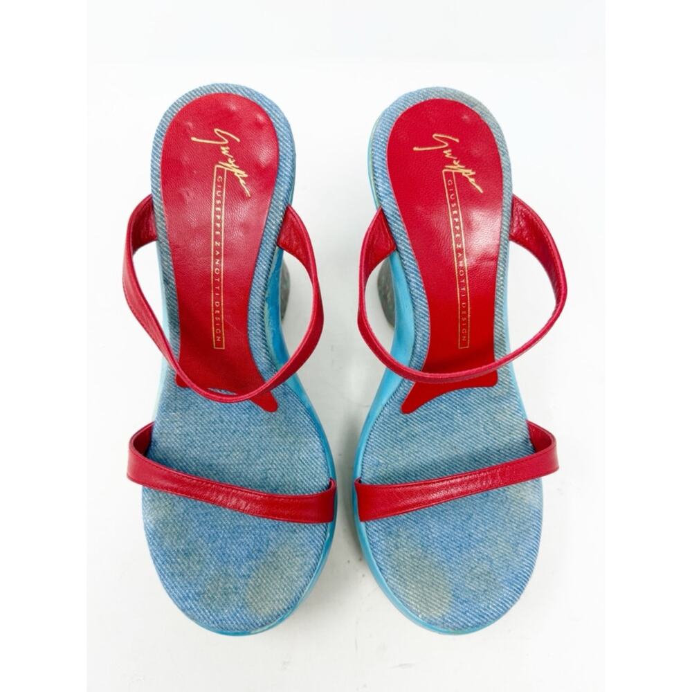 Giuseppe Zanotti Poppy Garden Blue Clouded Sky Platform Wedge Sandals Size 37.5 - Picture 2 of 10